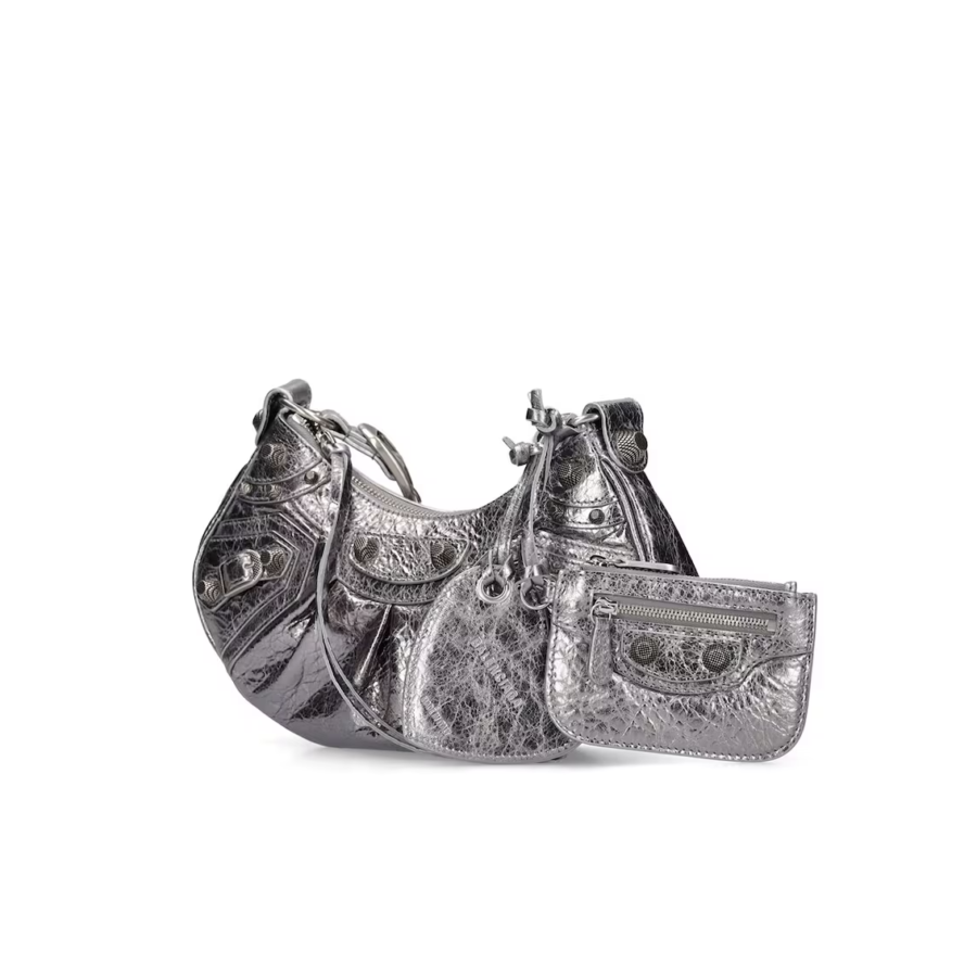 BALENCIAGA LE CAGOLE XS SHOULDER BAG METALLIZED IN SILVER | Studio Nafay