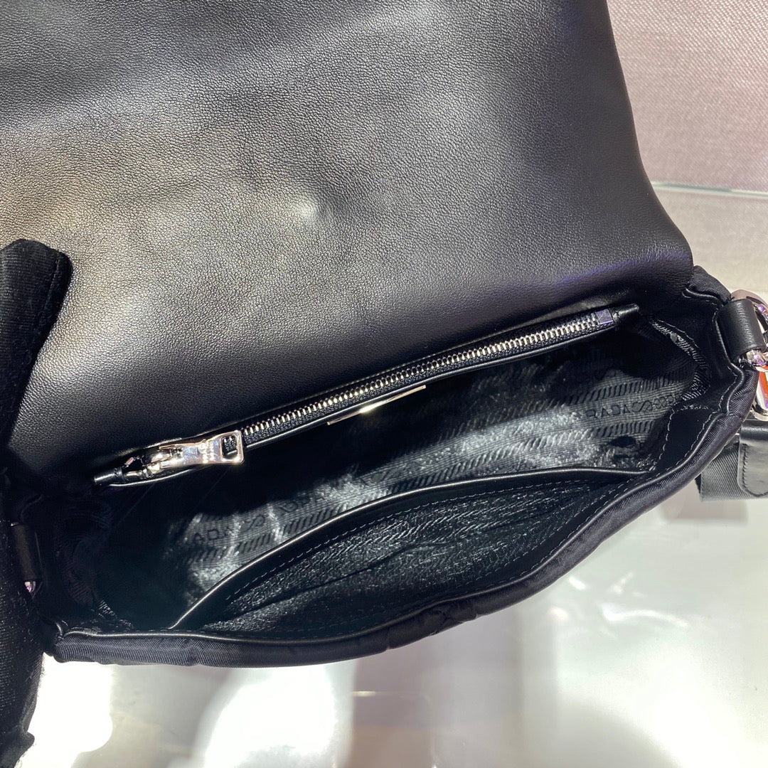 Small FLAP BAG 21 IN Black Triangular Quilted Pattern Re-nylon