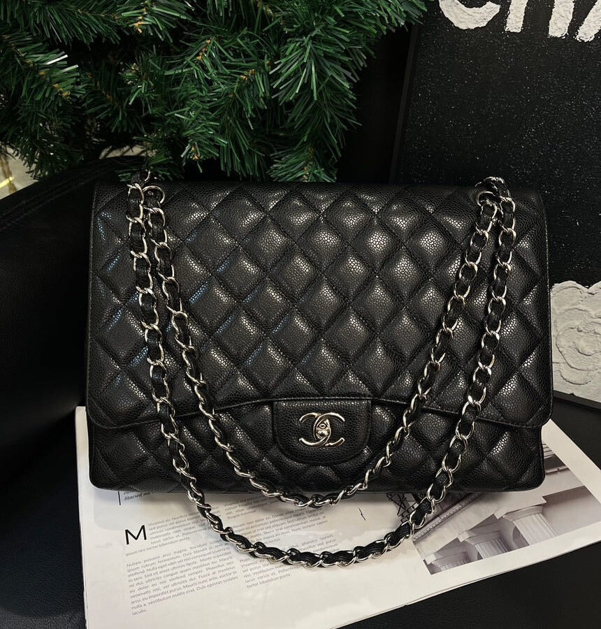 Chanel Black Silver Lychee CF Maxi One-Shoulder Crossbody Bag | Studio Nafay